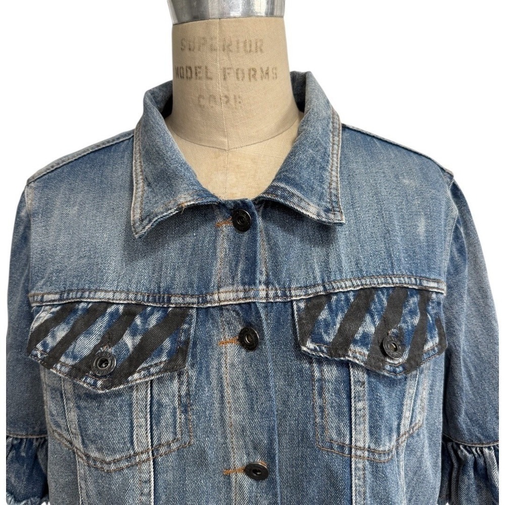Wren + Glory Painted Denim Jacket Tulle Trim Ruffle Sleeve Art Graphic One Size - Picture 3 of 9